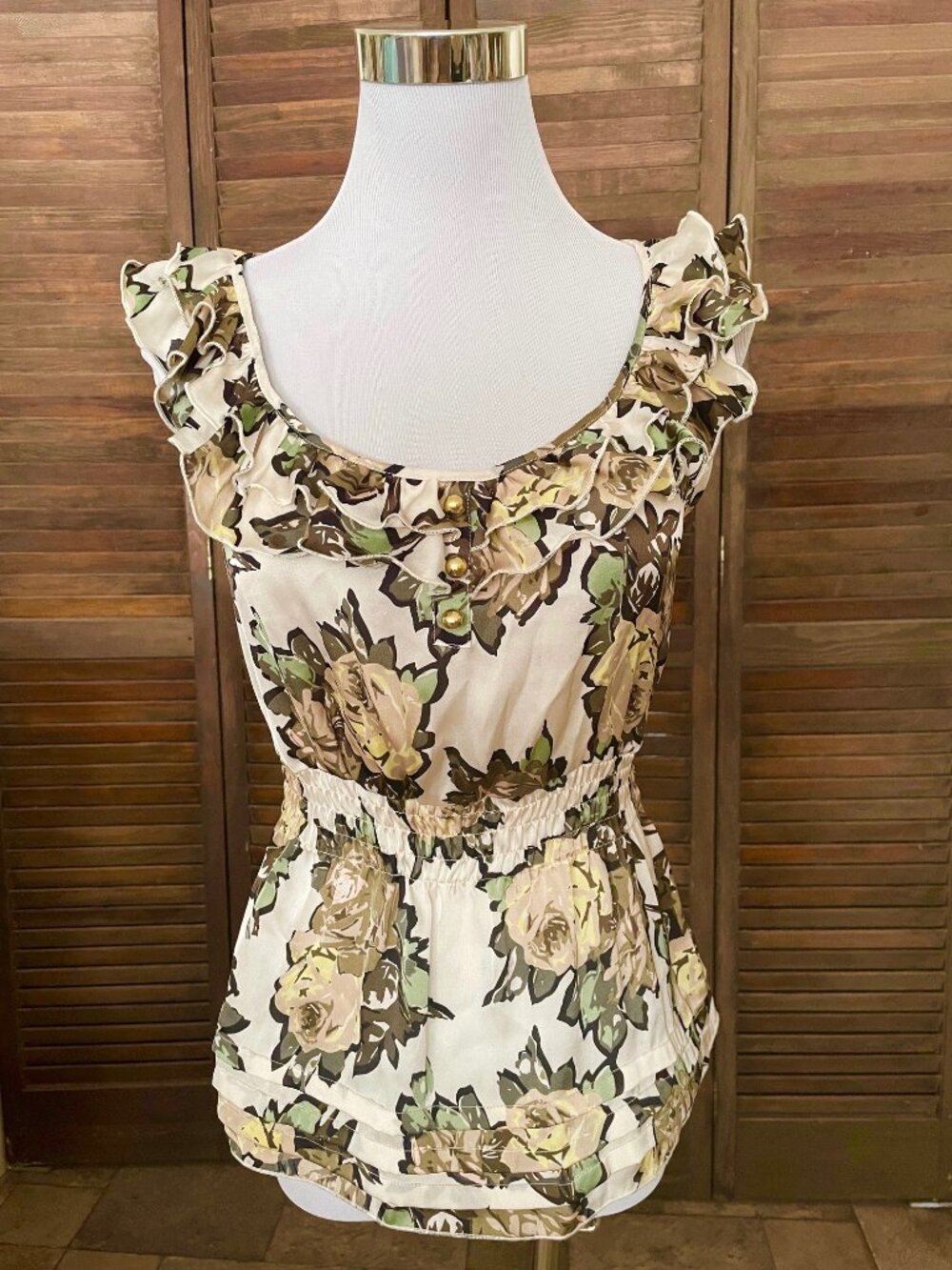 CANDIE'S BEIGE FLORAL ROSES RUFFLE SLEEVELESS DRESS SHIRT TOP BLOUSE CANDIES XS - Picture 2 of 12